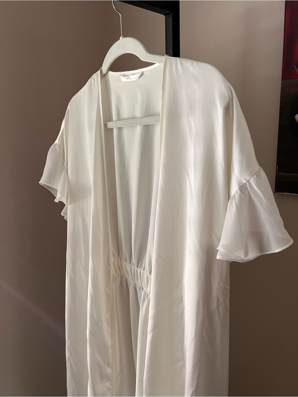 Flora Women's Cream Satin Robe with Ruffle Sleeves - Picture 4 of 9